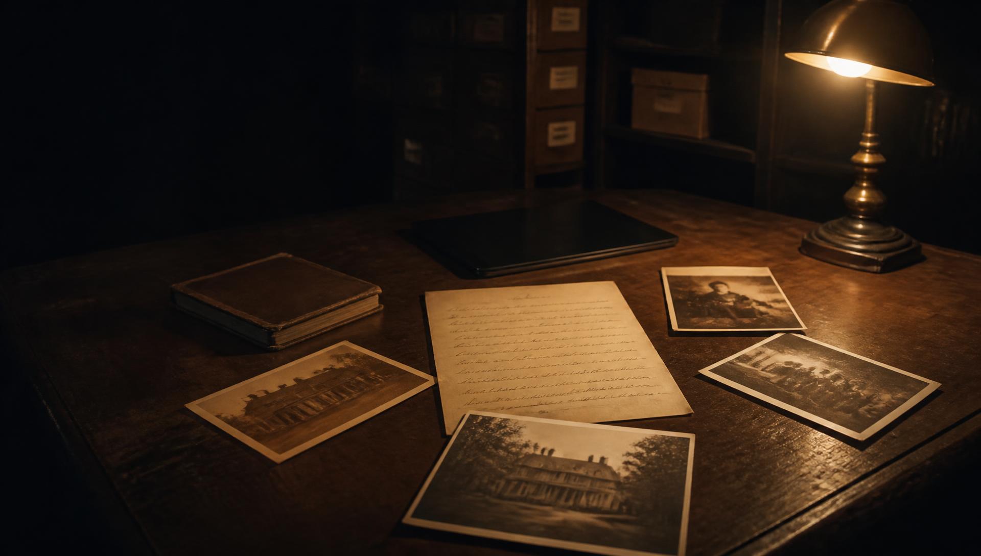 Old family photographs, a handwritten letter and a modern device on an archival desk under warm lamplight