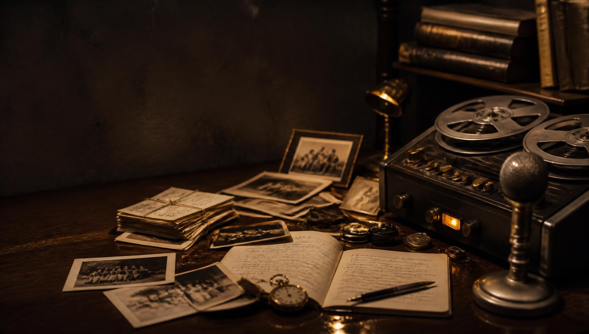 Photographs, letters, a pocket watch and a vintage tape recorder gathered on a dark wooden table