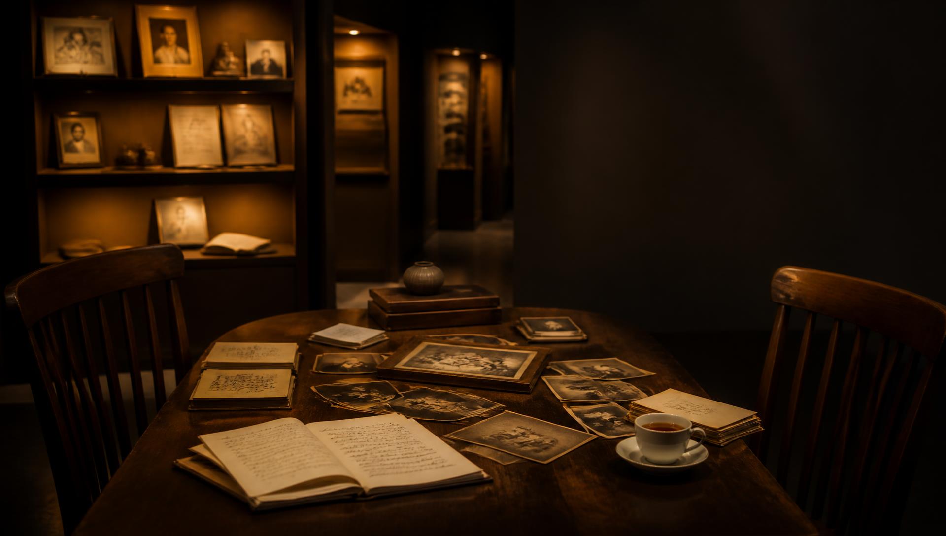 A table set for a long conversation with two chairs, spread photographs and an open notebook
