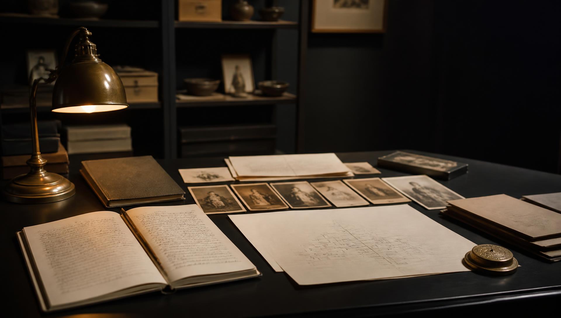 An archival desk with documents, photographs and an open notebook arranged for careful planning