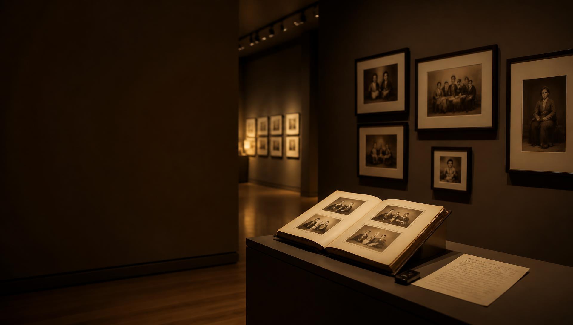 A quiet museum gallery of framed family photographs with an open album on a plinth