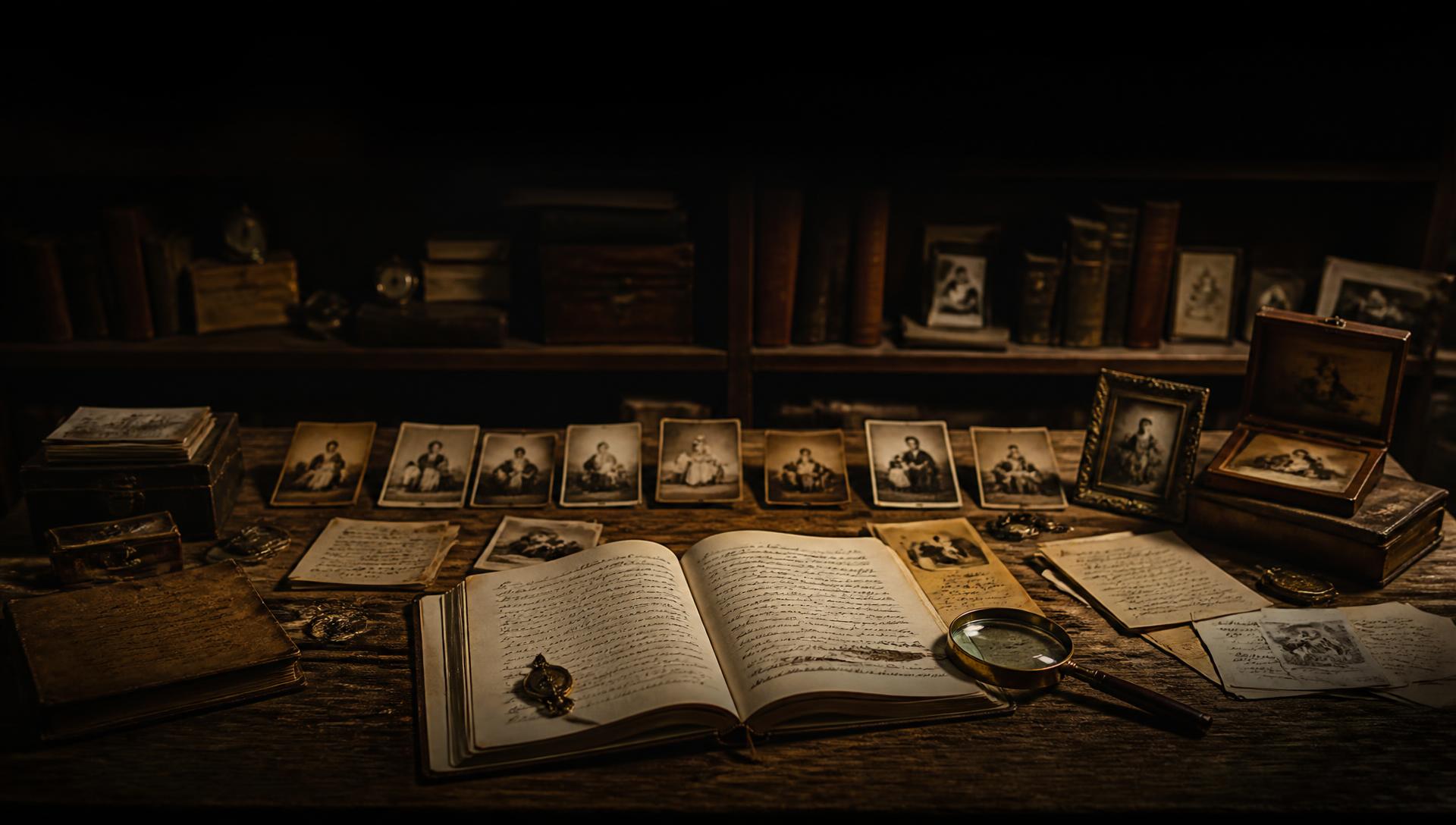 An open journal surrounded by a timeline of old photographs and keepsakes in an archive