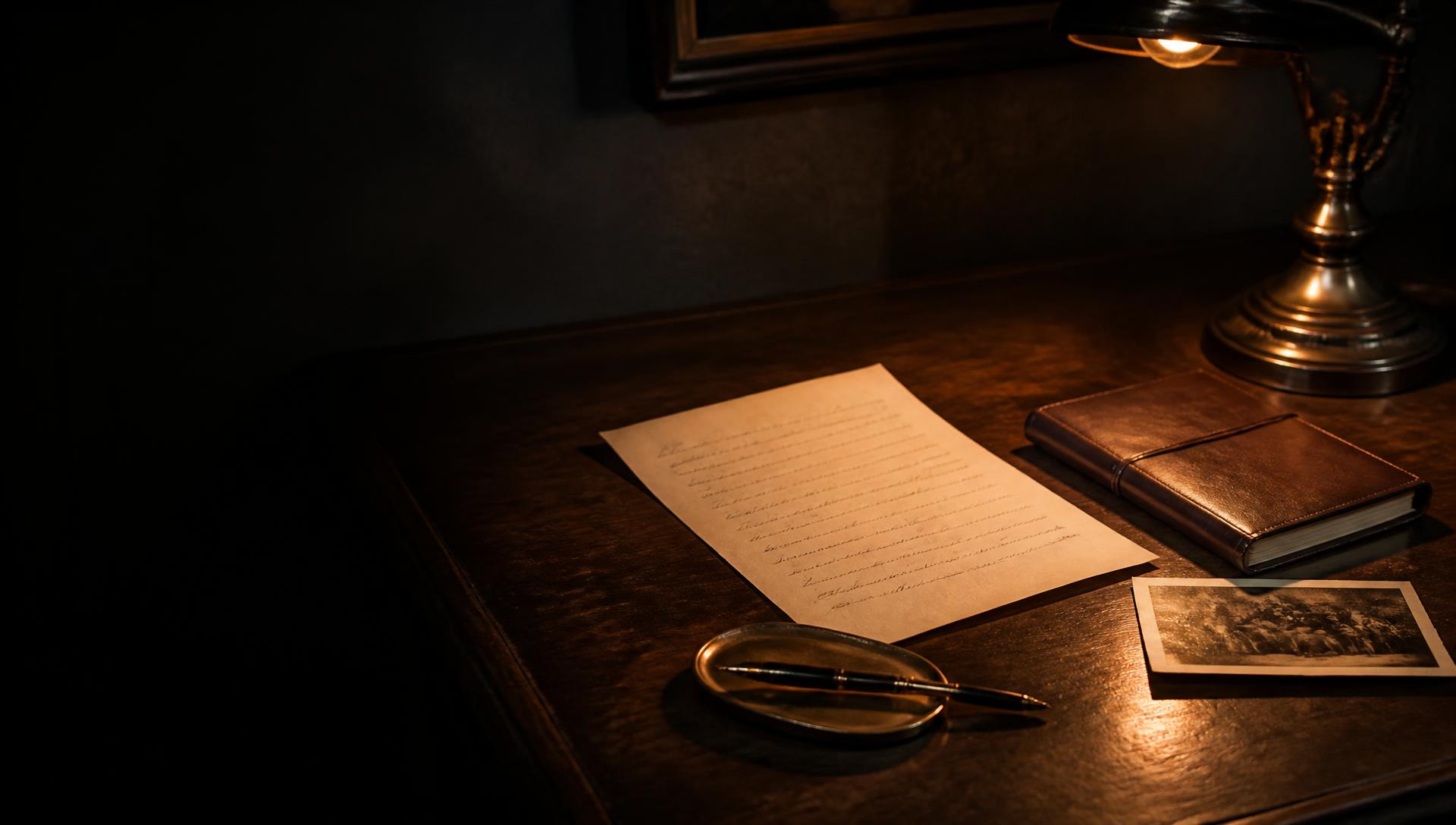 A handwritten letter, leather journal and fountain pen on a quiet writing desk