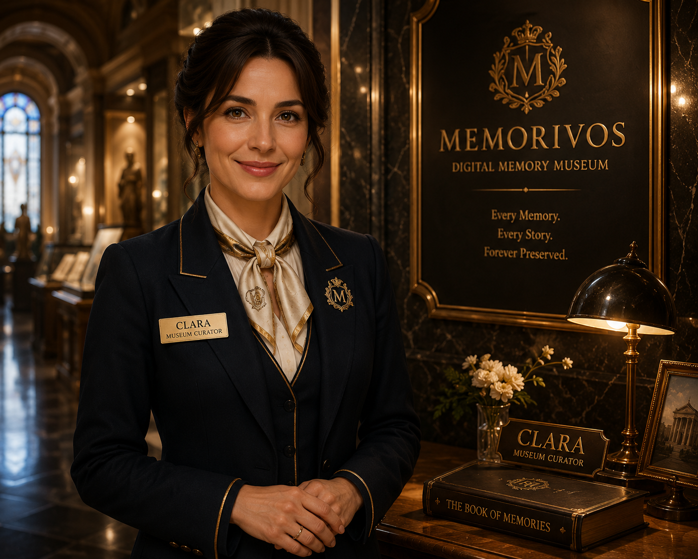 Clara, the Museum Curator of Memorivos, at her walnut desk in a warm museum office