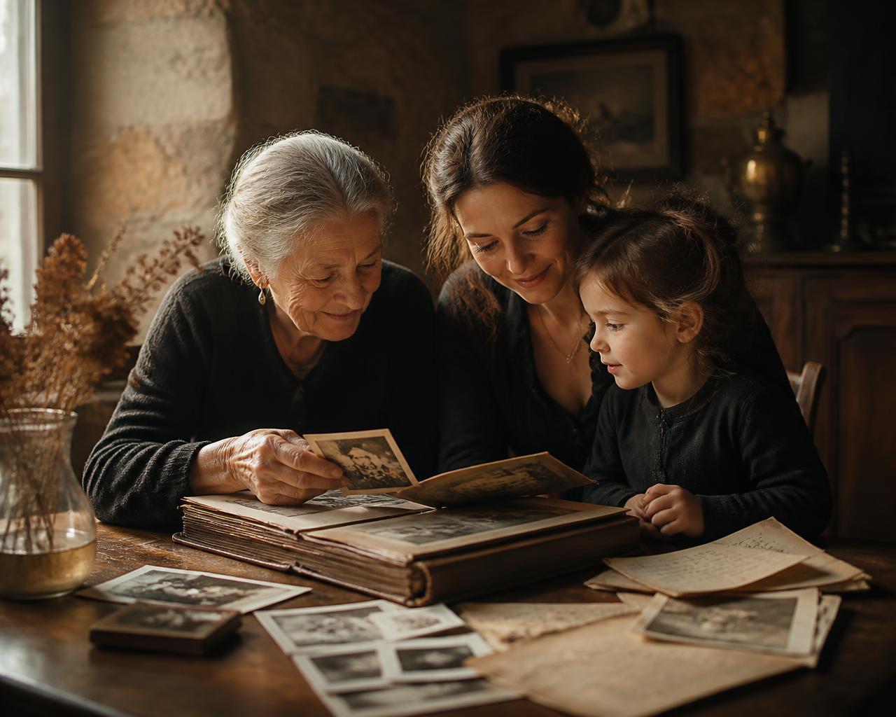 Grandmother, mother and child looking through old photographs together