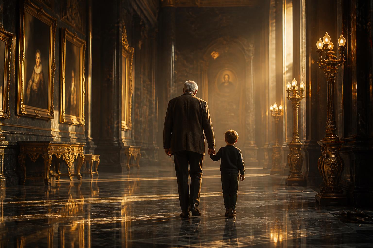 A grandfather walking through a marble gallery hand in hand with his grandchild