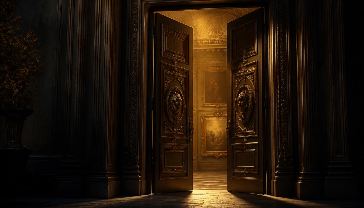 The bronze doors of the Memorivos museum standing slightly open, warm golden gallery light spilling into the dark hall beyond