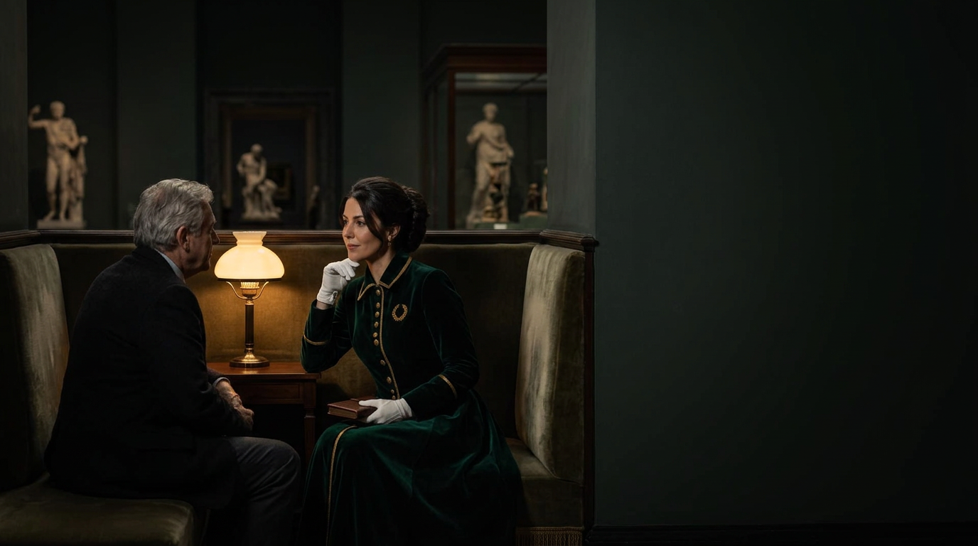 Clara speaking with a visitor in a warm museum office seating area