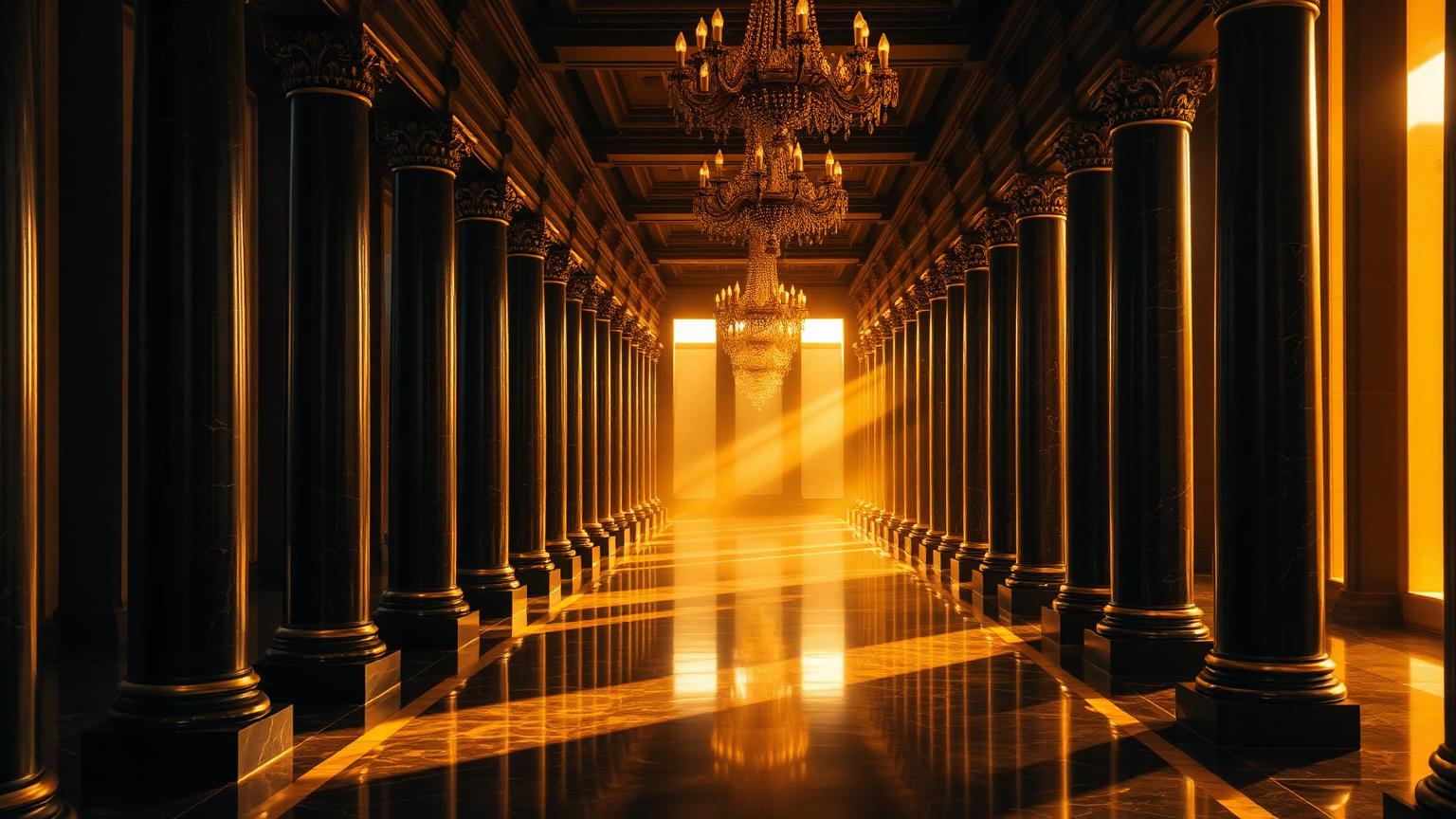 A grand museum corridor disappearing into warm golden light