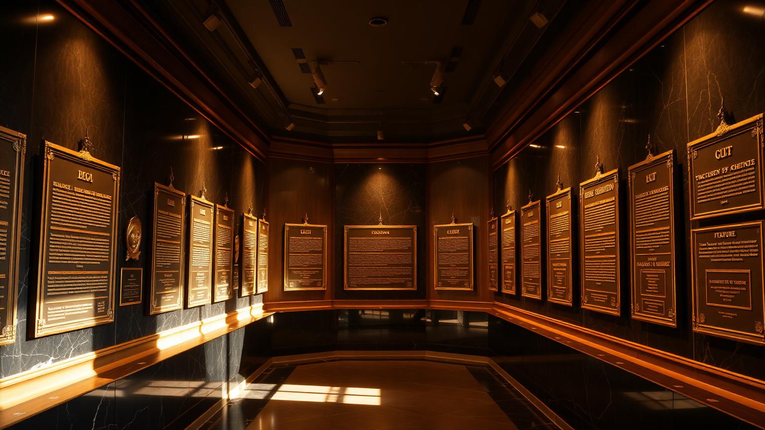 A museum wall of bronze exhibit plaques under warm gallery light