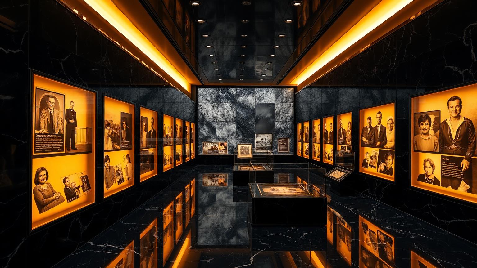 A museum exhibition hall of tomorrow with warm illuminated displays