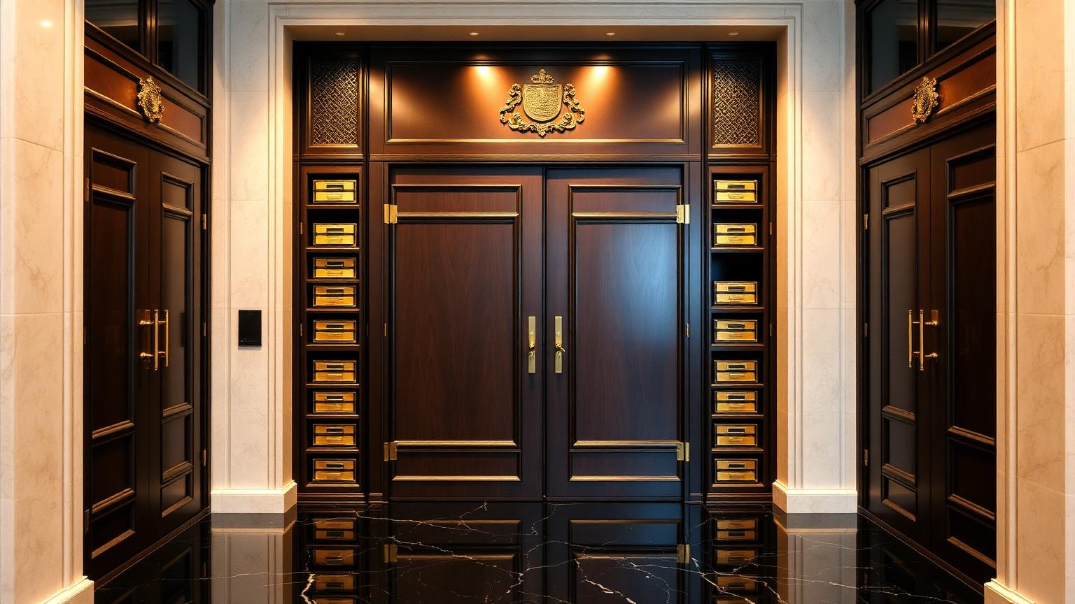 An elegant museum archive vault with bronze doors