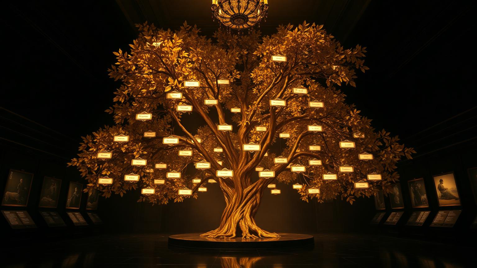 A glowing golden family tree in a dark museum hall