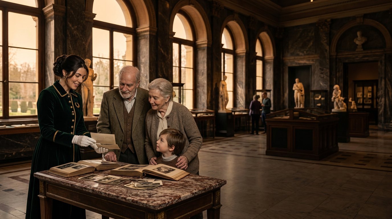 Clara looking at old family photographs with an elderly couple