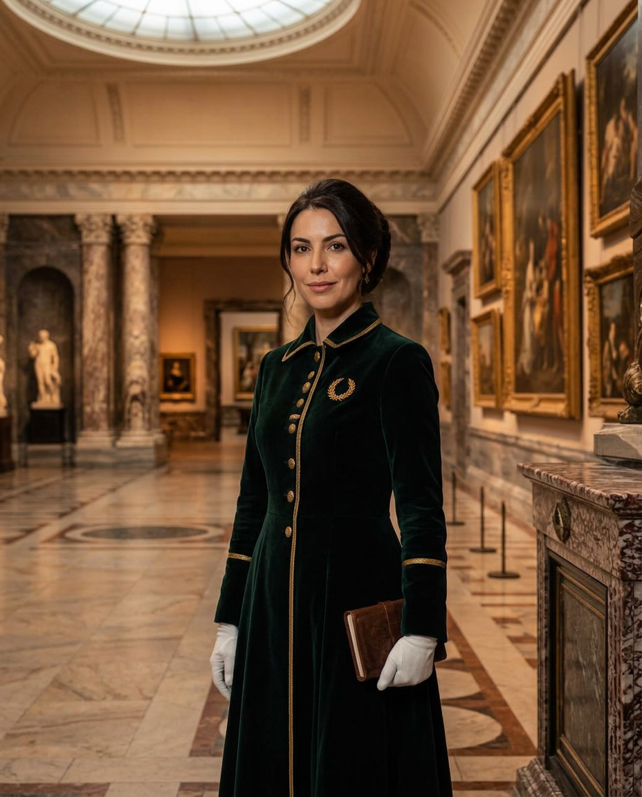 Clara, the Museum Curator, standing in a marble gallery in her emerald-green velvet dress and white gloves
