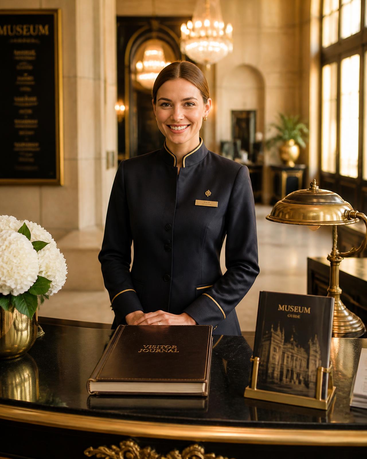 A museum concierge welcoming visitors at the reception desk
