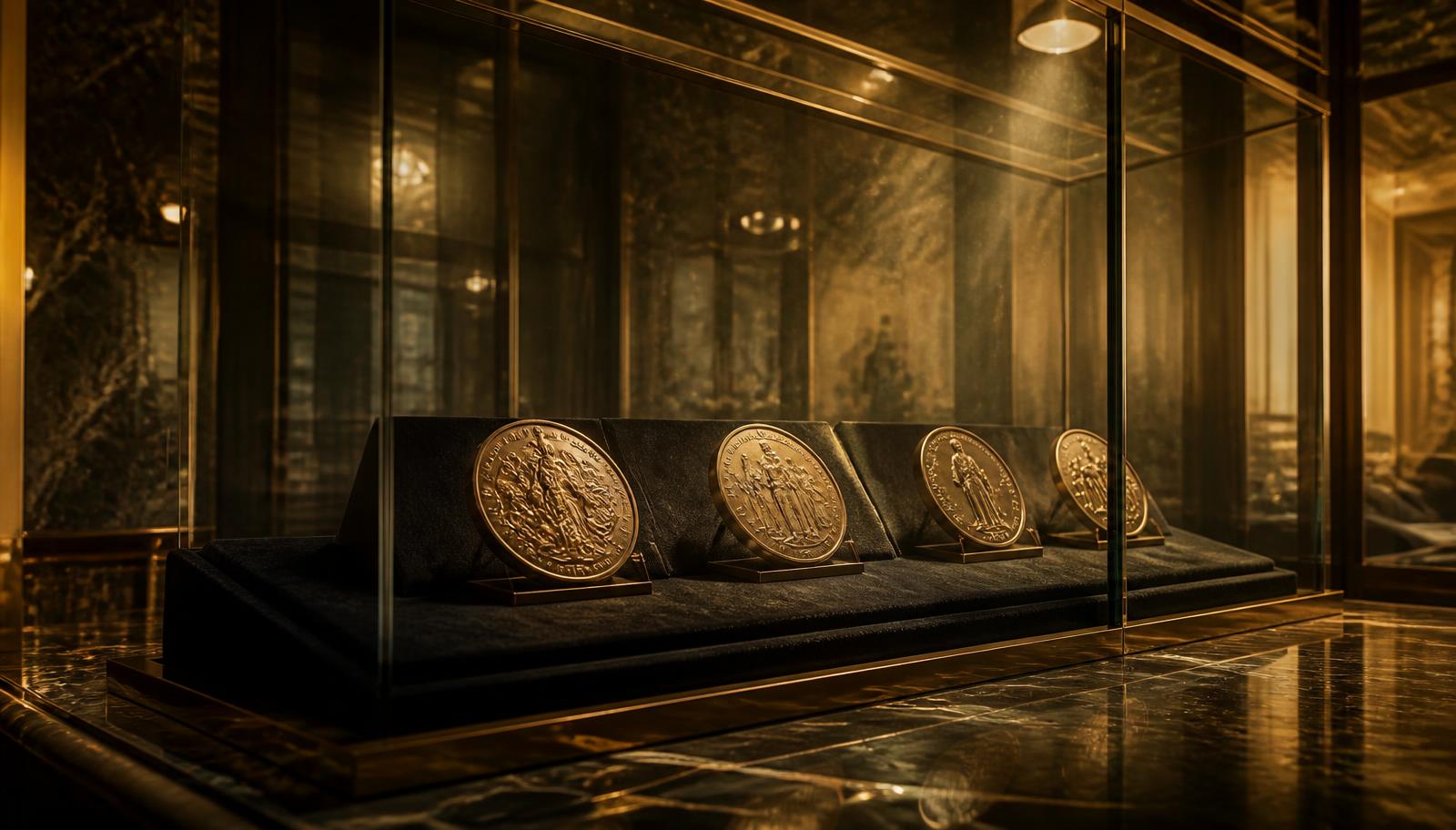 Engraved bronze Curator Credit coins displayed in a museum vitrine