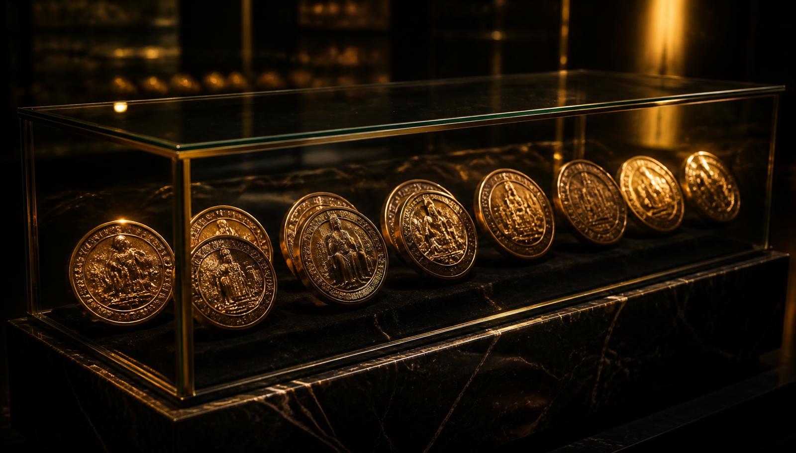 Bronze Curator Credit coins displayed in a glass museum case