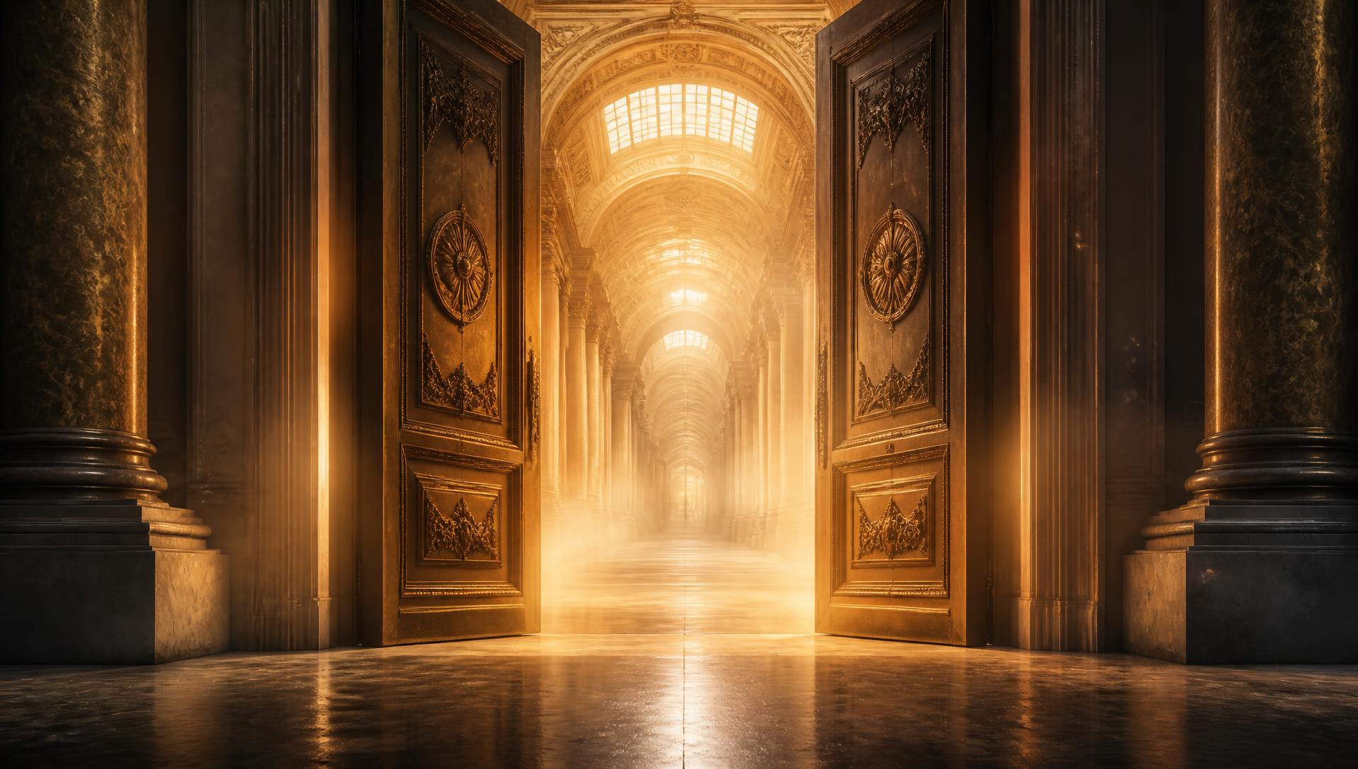 Enormous museum doors opening onto a glowing golden exhibition hall