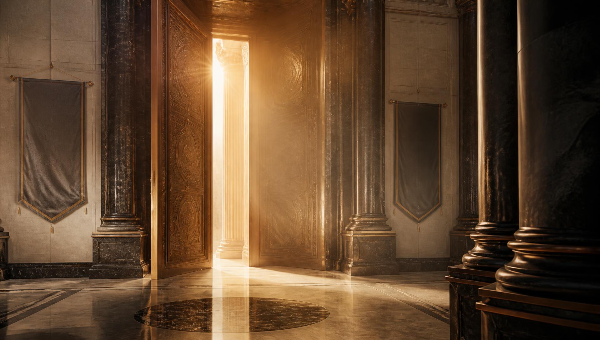 Bronze museum doors standing slightly open in a black marble entrance hall