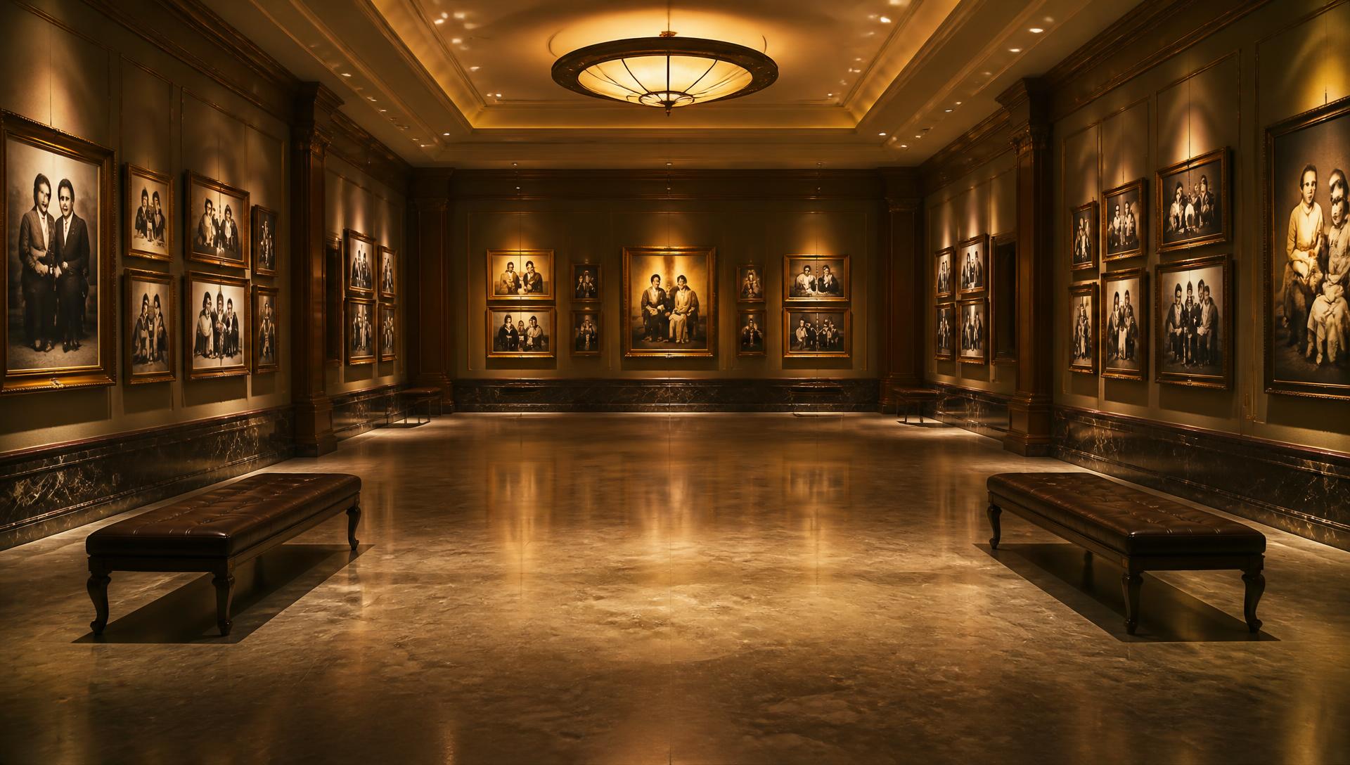A quiet museum gallery of illuminated family photographs in bronze frames
