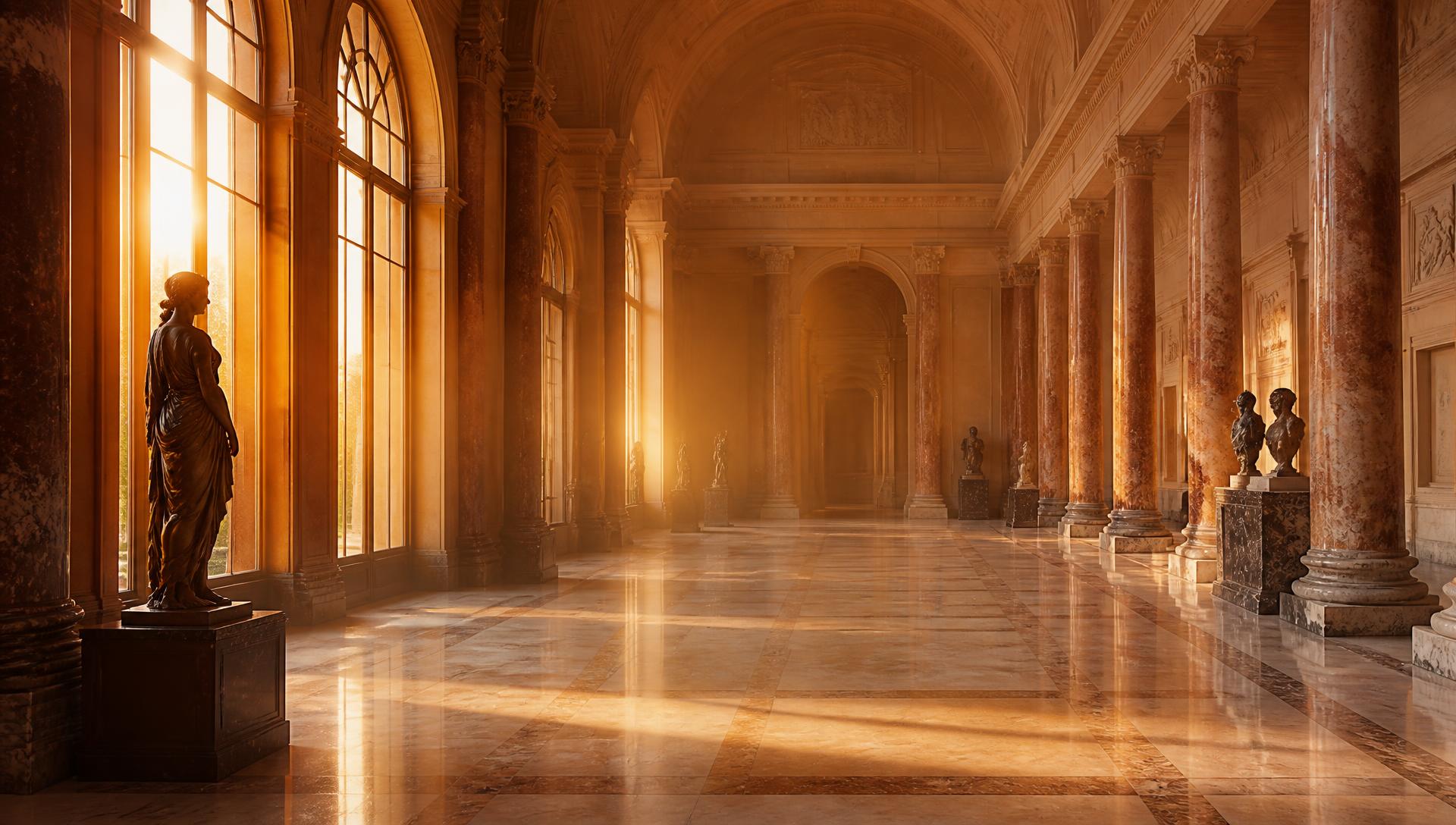 A quiet marble museum corridor filled with golden sunset light and bronze statues