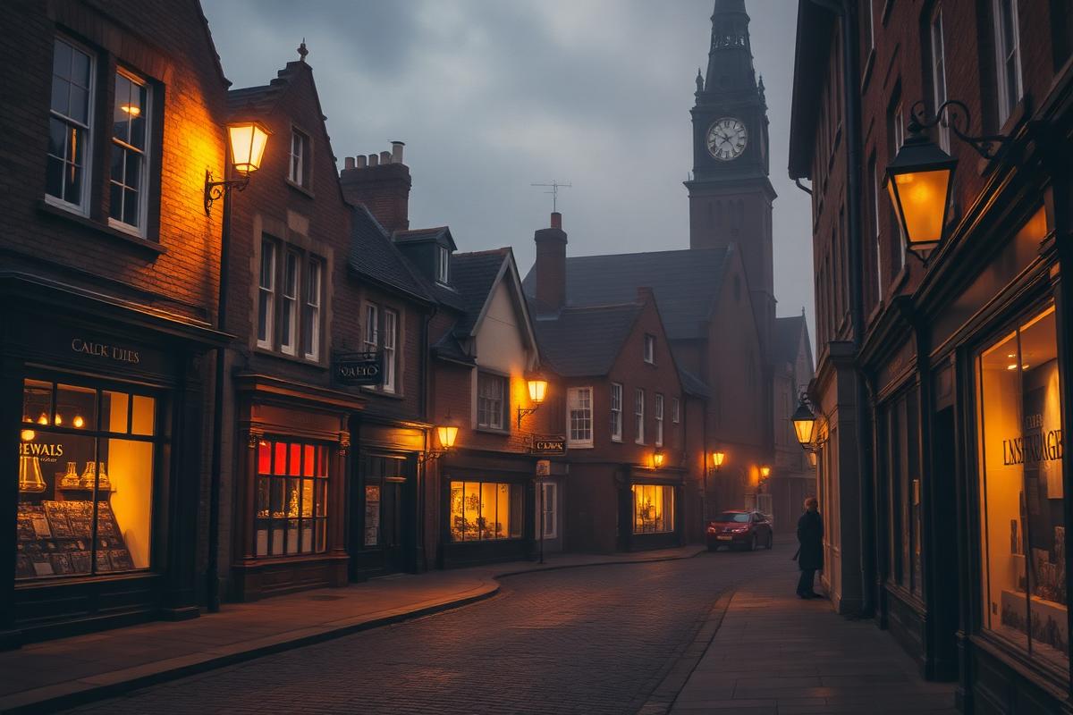 A historic town high street at dusk with cobbles, old shopfronts, lamplight and a clock tower