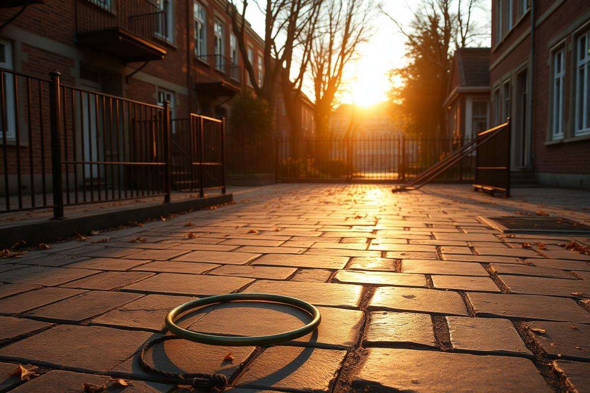 An old school playground at golden hour with worn paving, painted hopscotch markings, a hoop and a skipping rope