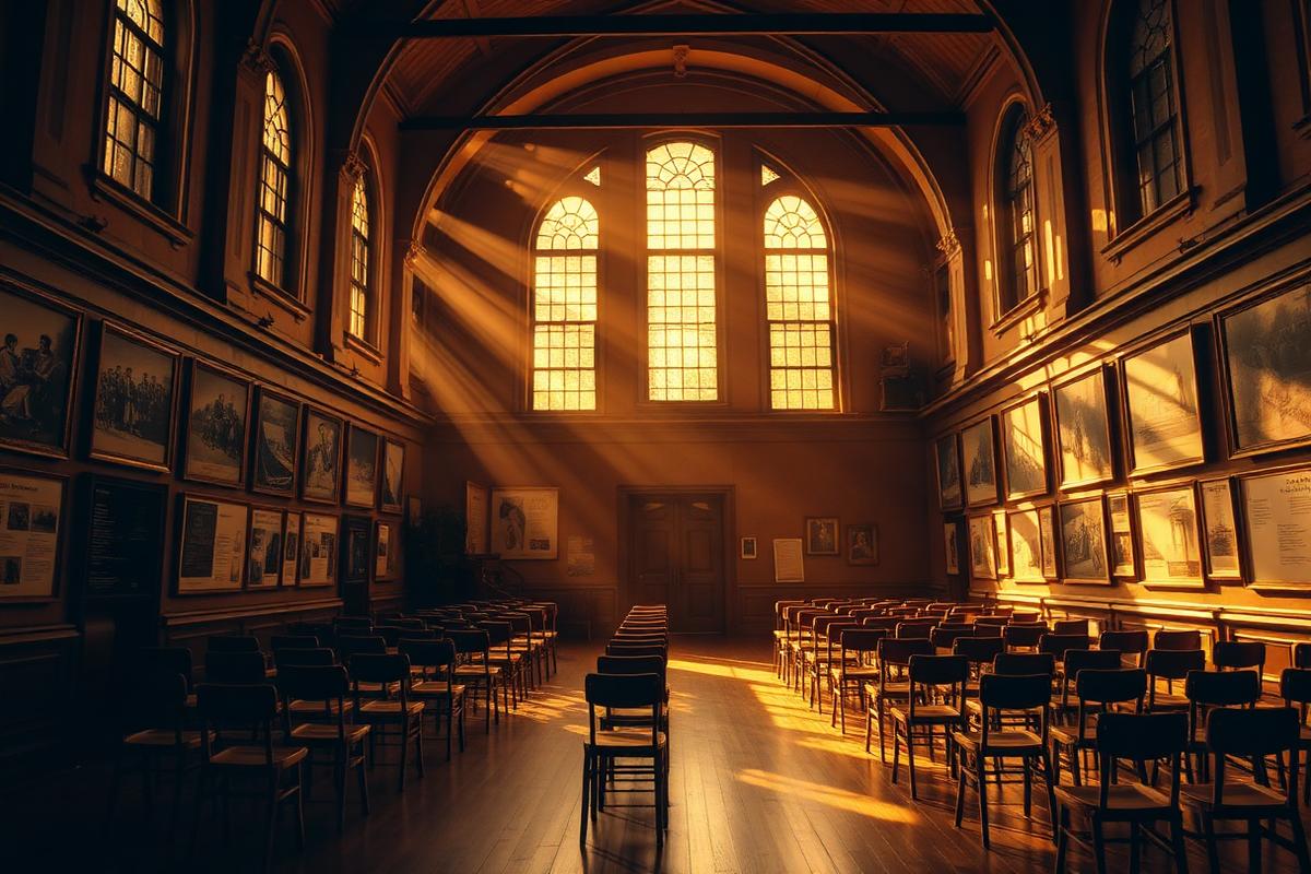 A historic school hall with tall arched windows, wooden chairs and framed historical exhibition panels lit by golden light