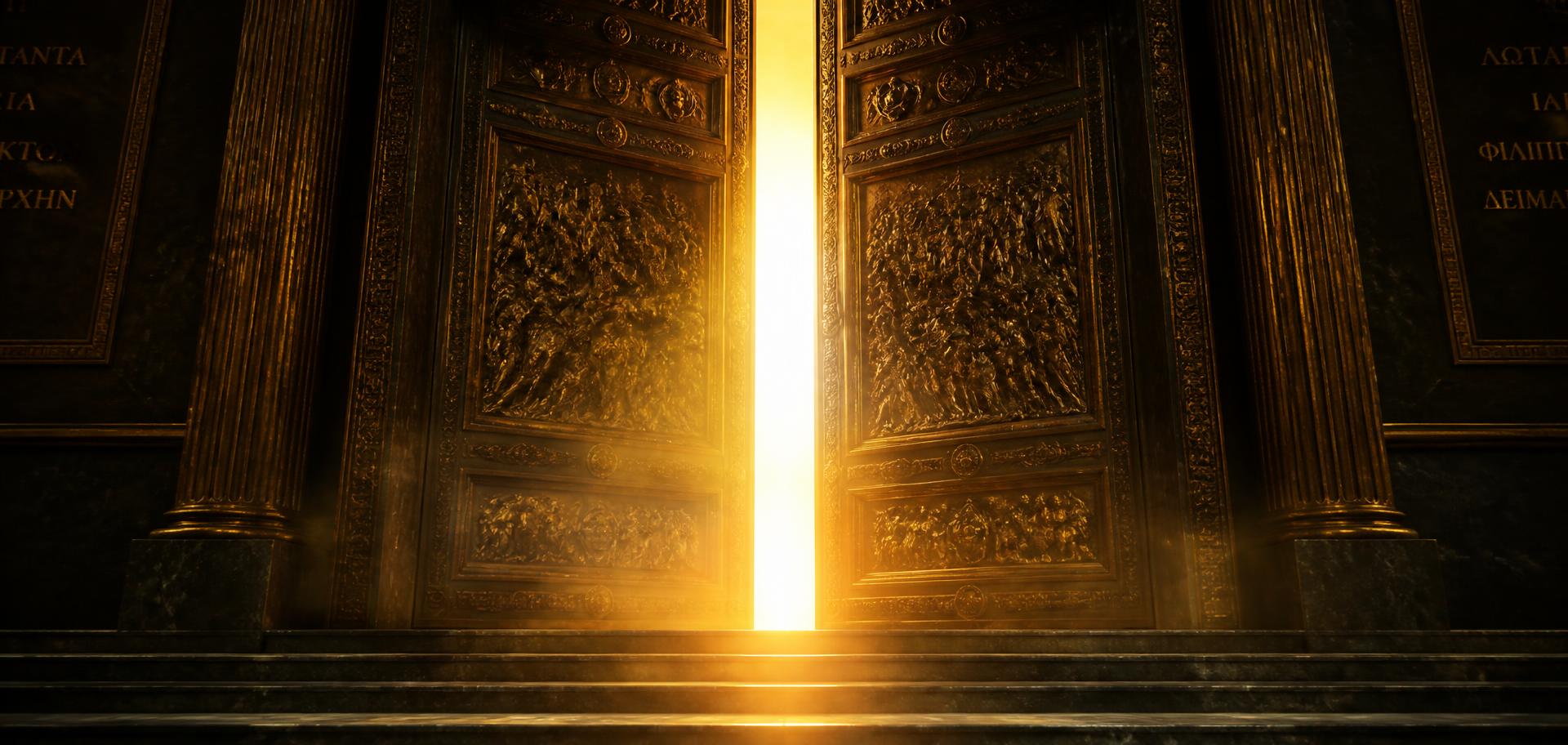 Golden light pouring through the museum entrance