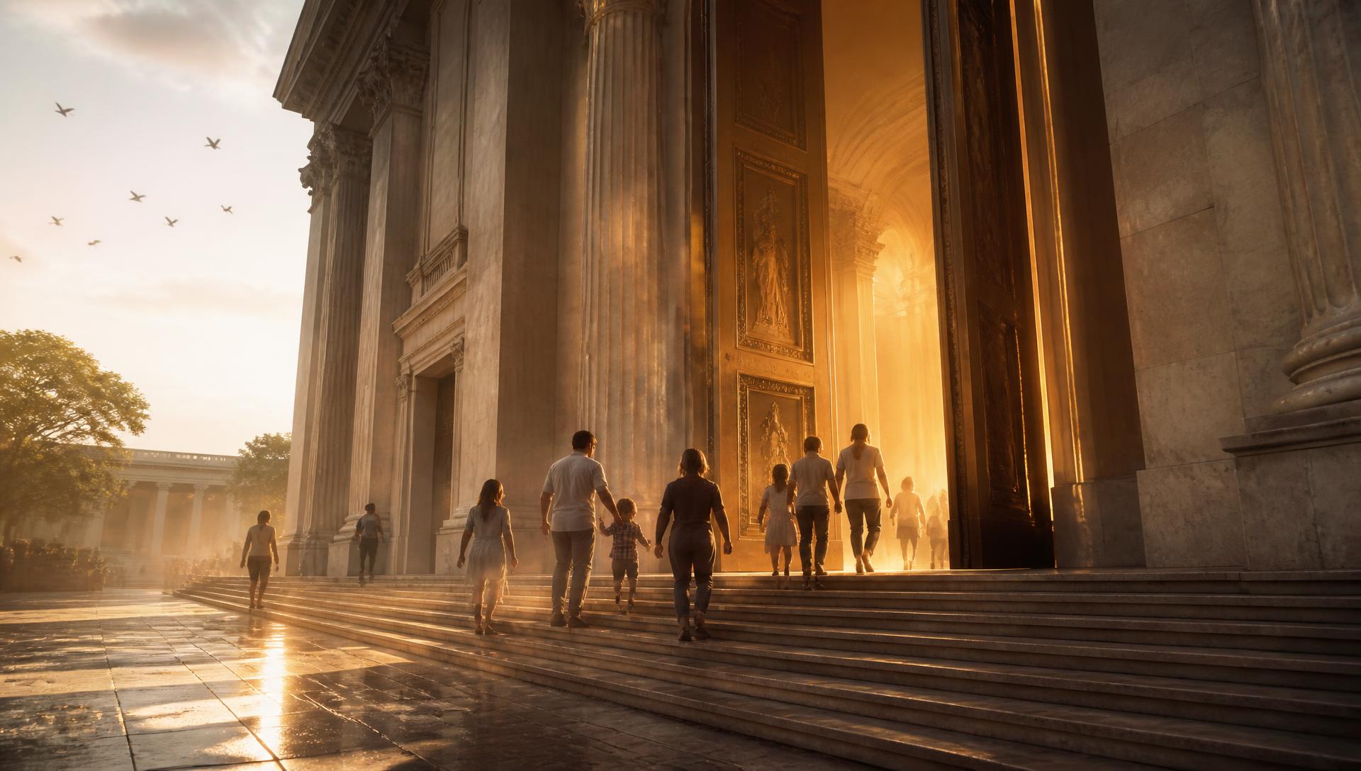 Sunrise over the marble entrance of the Memorivos Digital Memory Museum, families walking through open bronze doors