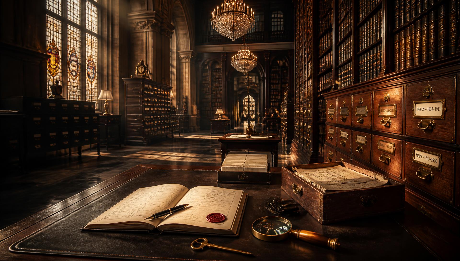 A grand museum records office with oak archive cabinets, leather-bound record books, brass filing drawers and golden light