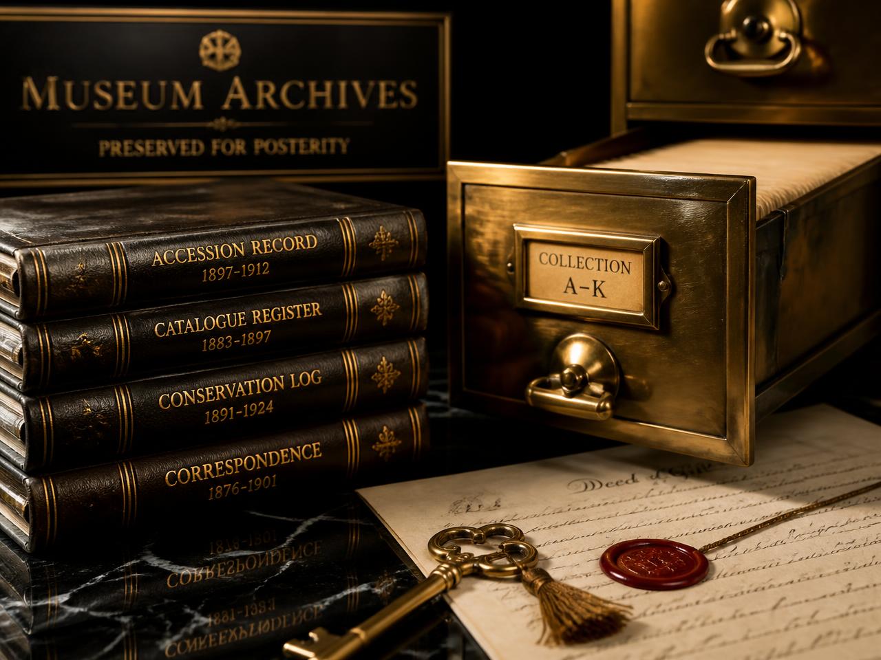 Leather-bound museum archive registers beside a brass filing drawer, a wax-sealed document and a bronze key