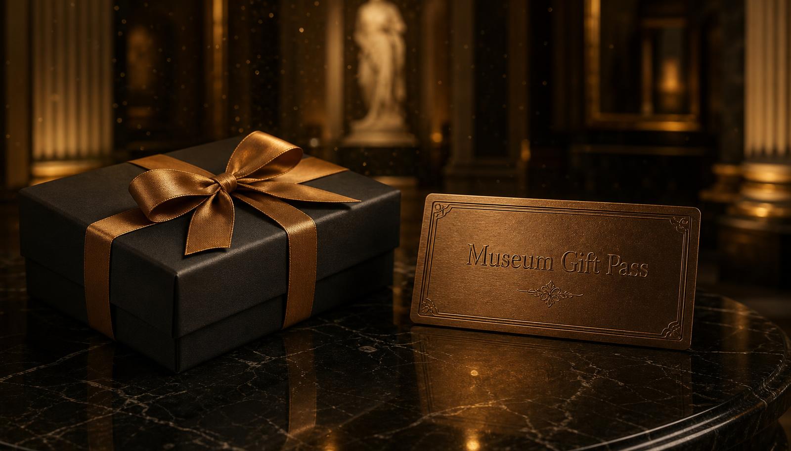 A black gift box tied with a bronze ribbon beside an engraved Museum Gift Pass