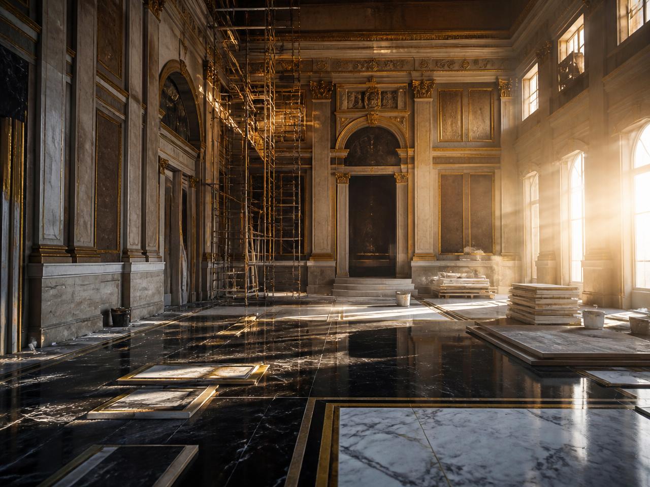 Museum under construction with blueprints