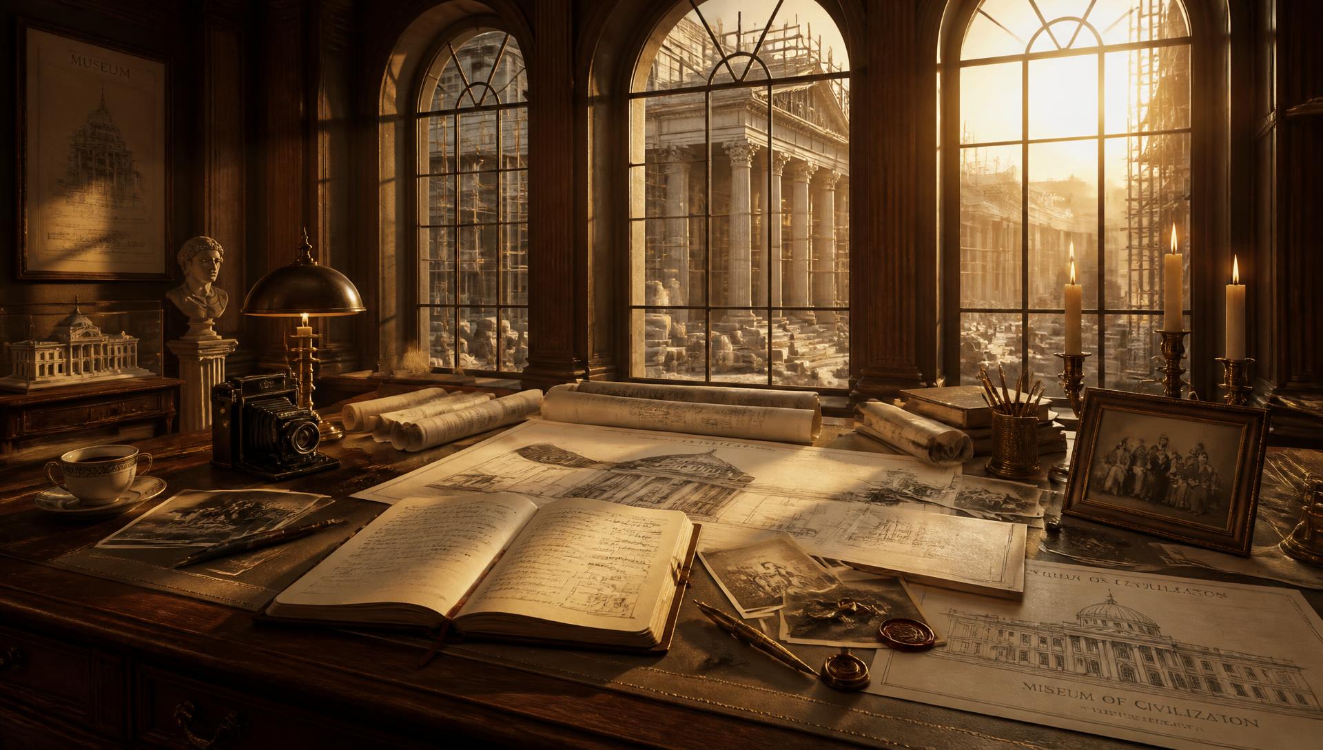 An architect's workshop inside the museum: an open leather journal, blueprints and candles, with the Memorivos museum under construction beyond the windows