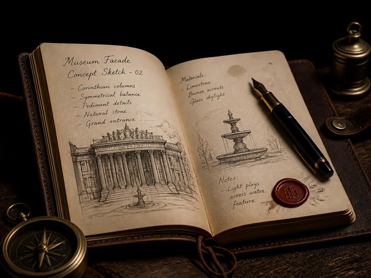 An open leather-bound journal with handwritten notes and museum facade sketches beside a fountain pen and wax seal