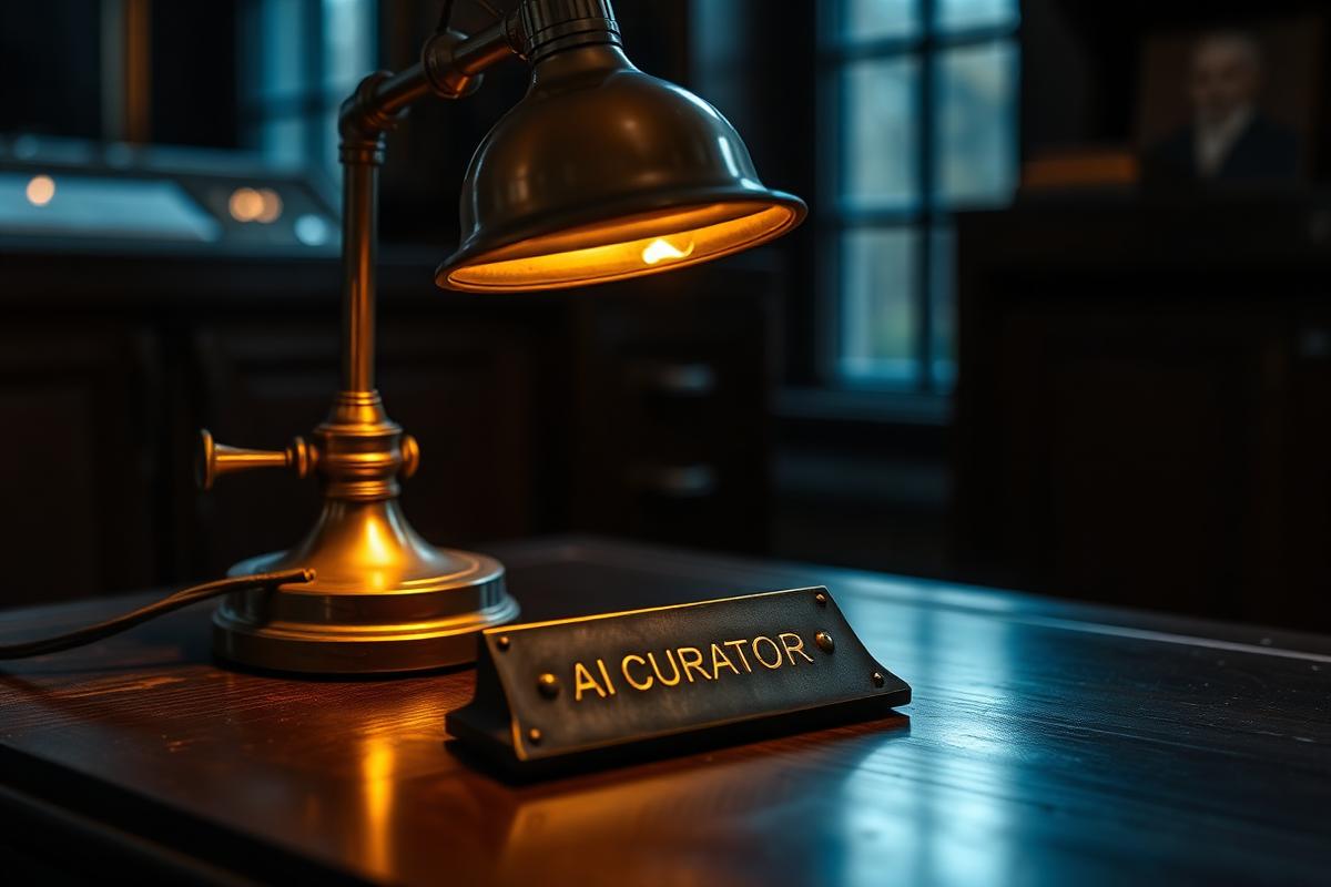 Brass desk lamp illuminating an Digital Curator nameplate