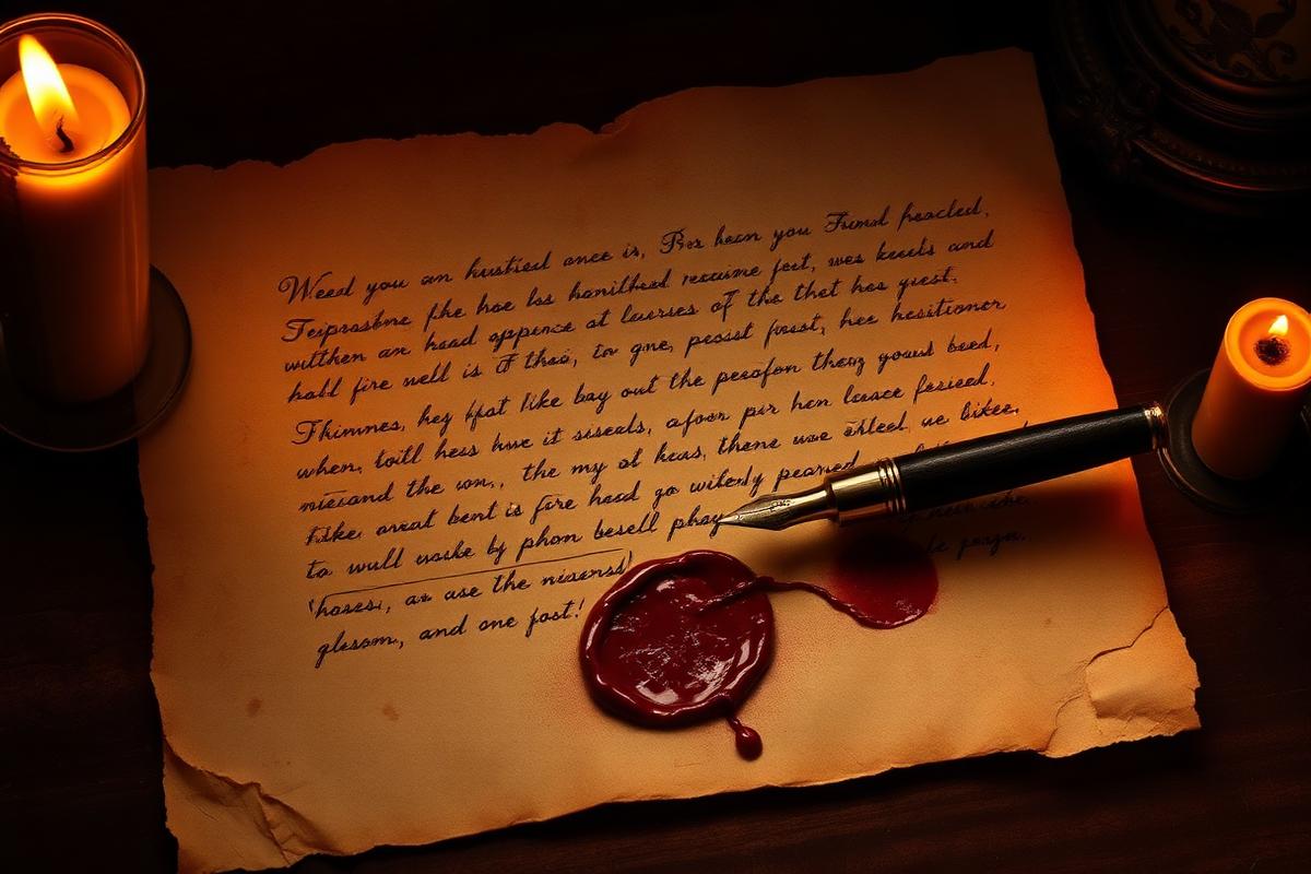 Handwritten letter with wax seal by candlelight