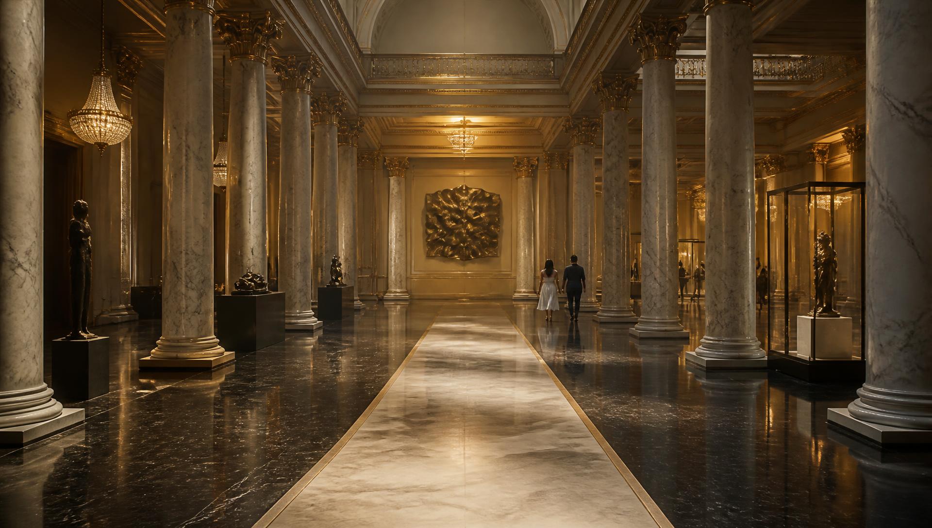 Marble membership hall with bronze pedestals inside the museum