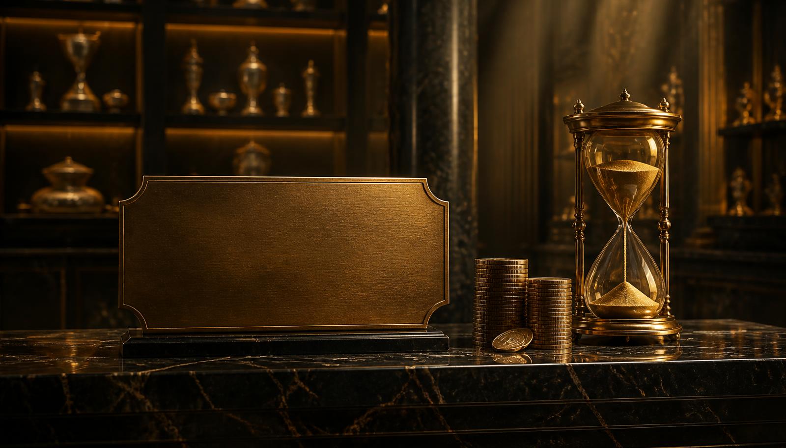 A bronze membership plaque, stacked coins and an hourglass on black marble