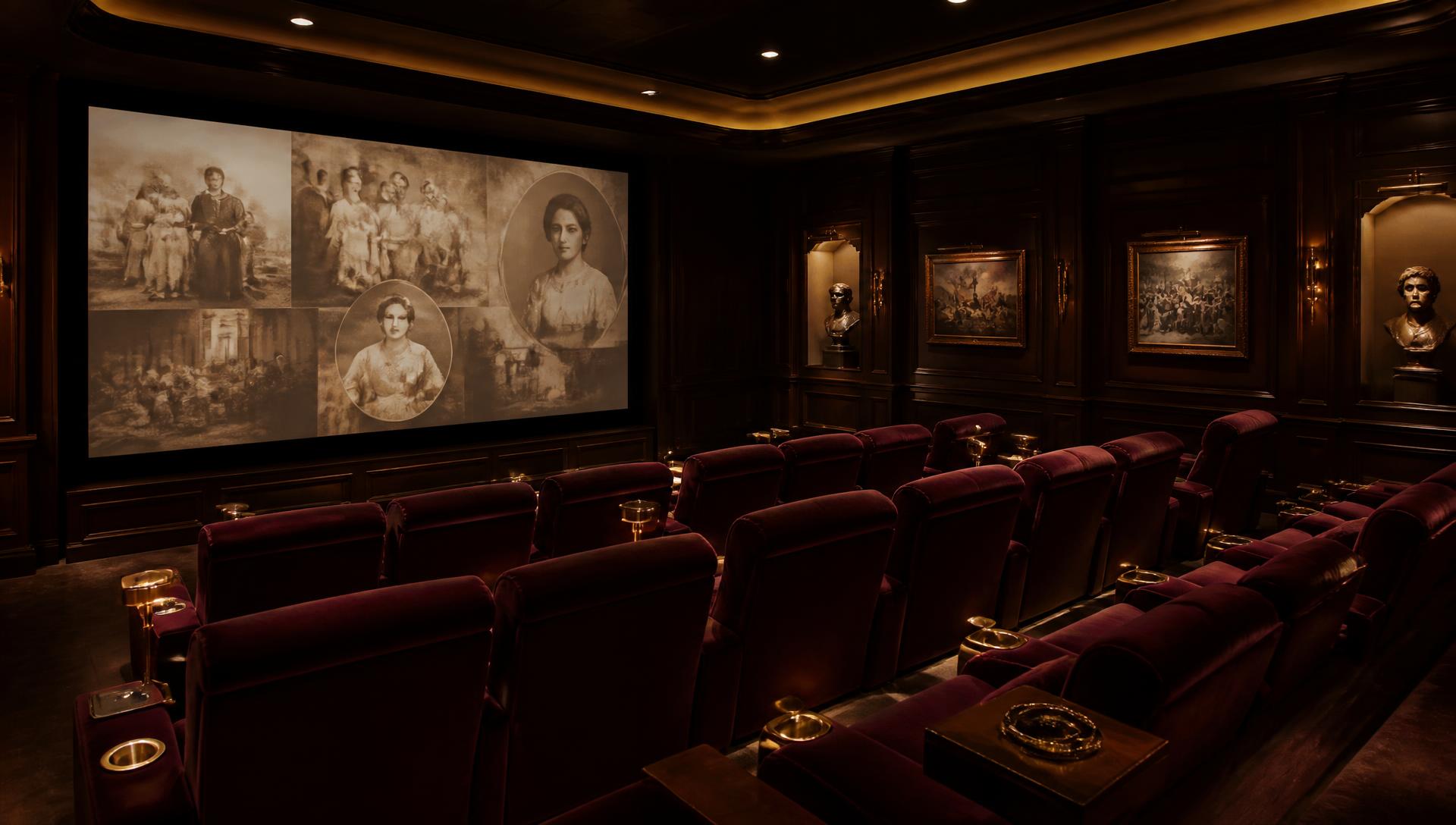 Private museum cinema with gold curtains