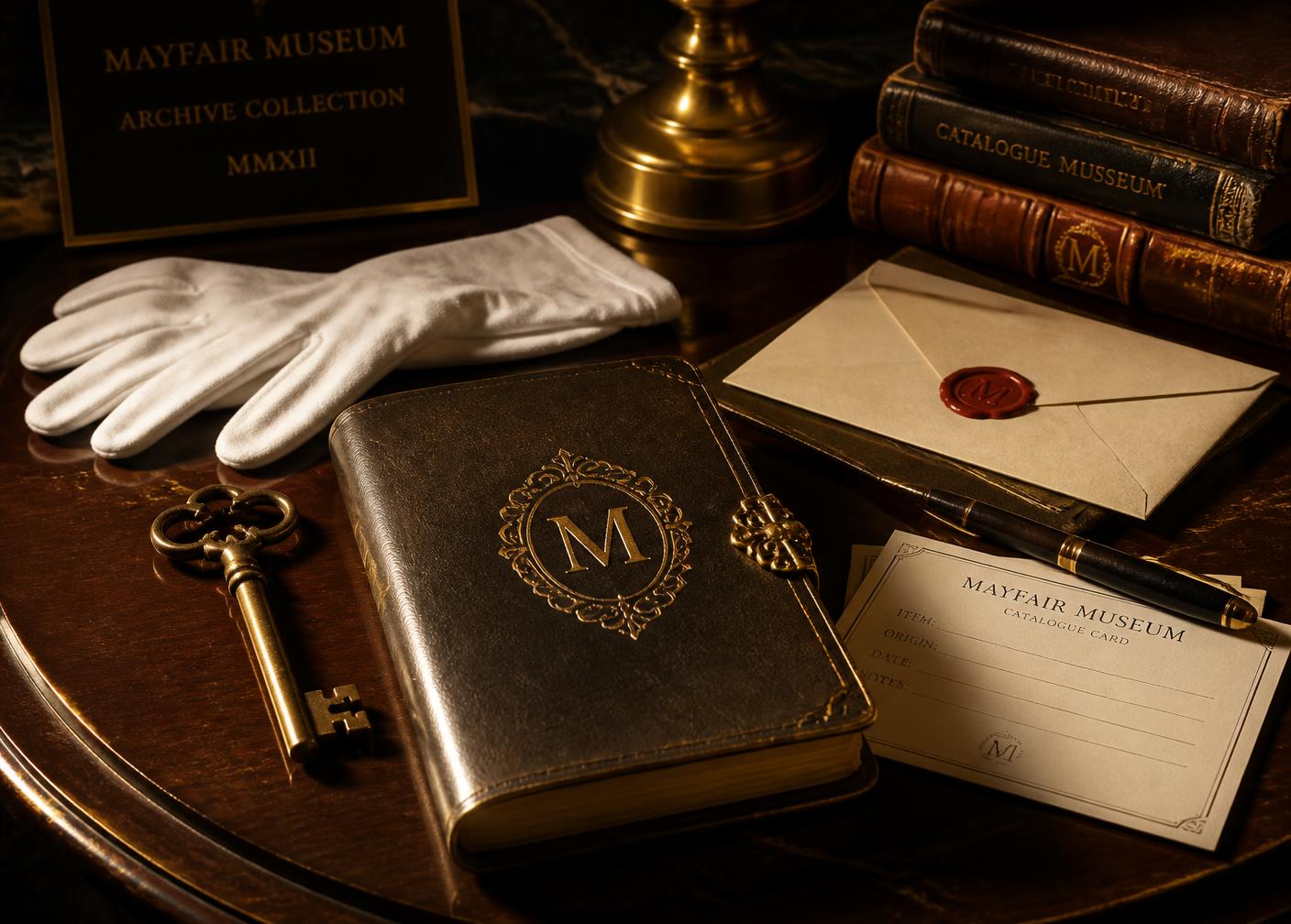 An antique brass key, crested leather journal, wax-sealed letter, fountain pen, catalogue cards and white archival gloves on a dark wooden table