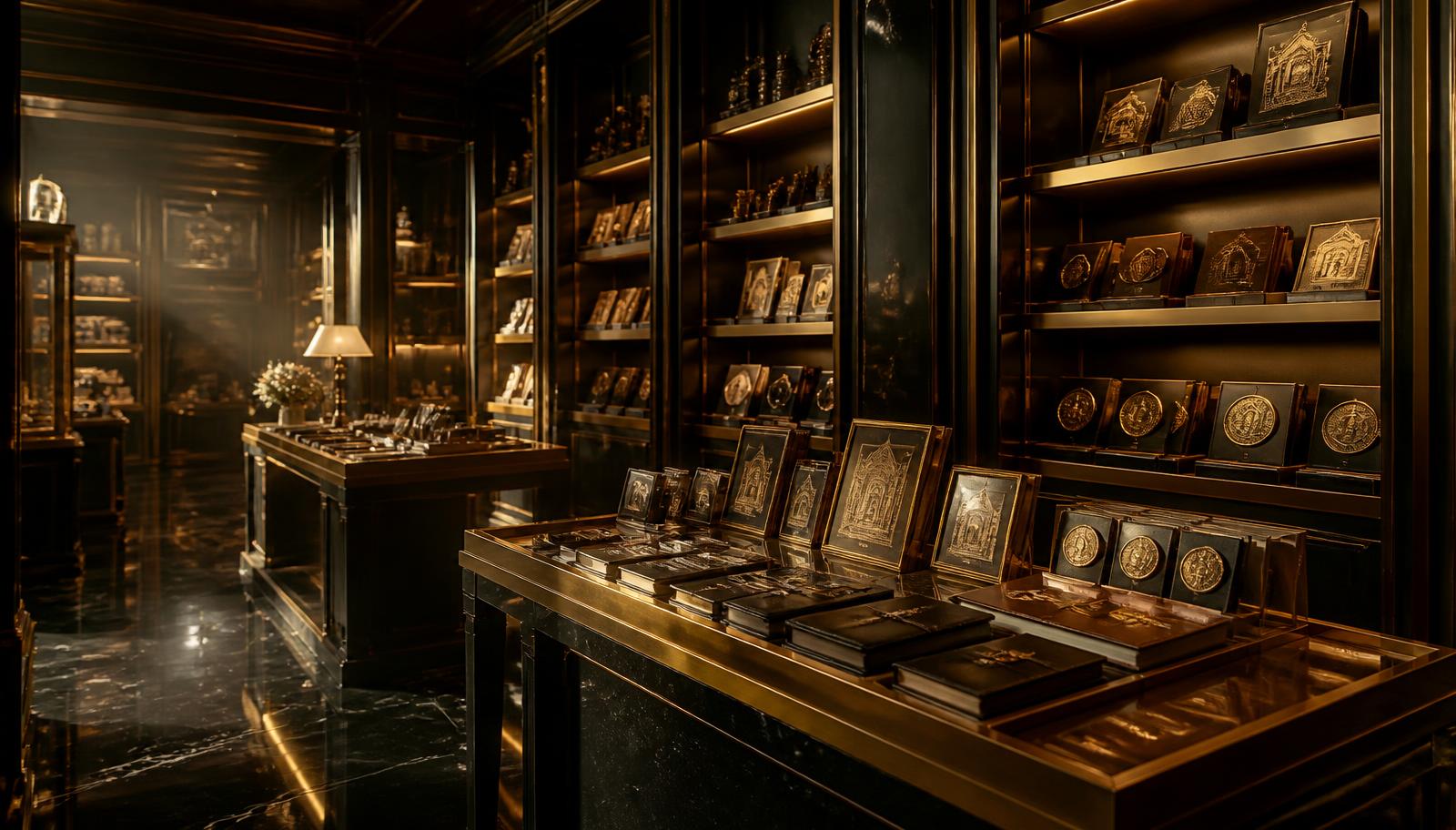 The Memorivos museum gift shop: black marble, walnut shelving and bronze display cabinets