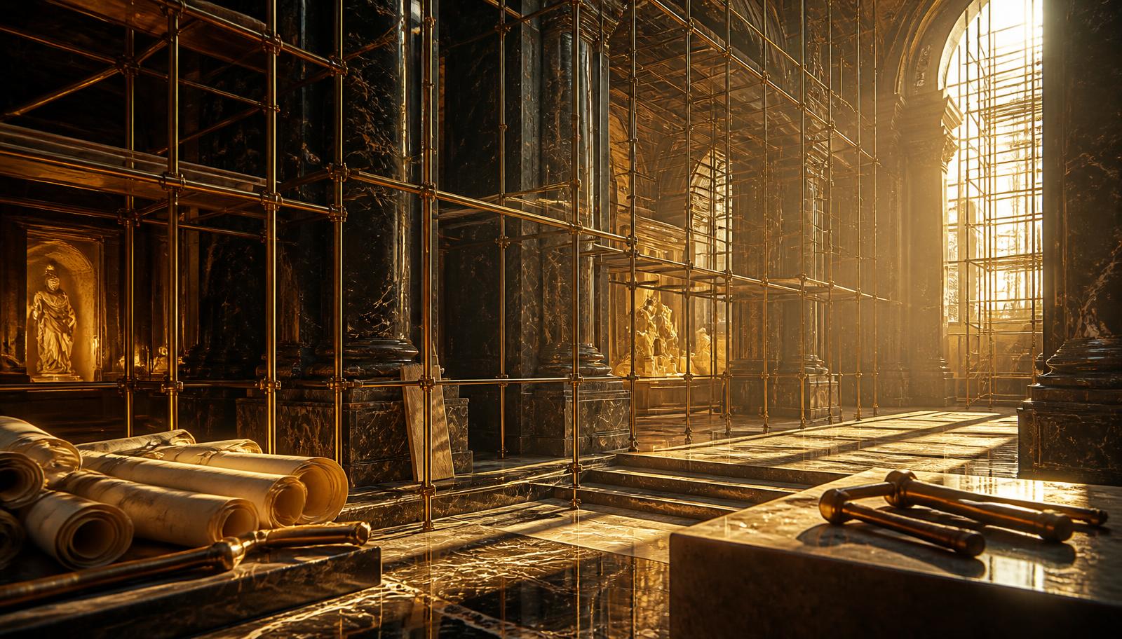 A bronze-scaffolded museum still under construction, lit by warm golden sunlight