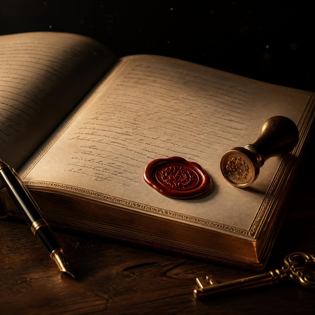An open leather-bound charter book with gold-edged parchment, a red wax seal, fountain pen and bronze key