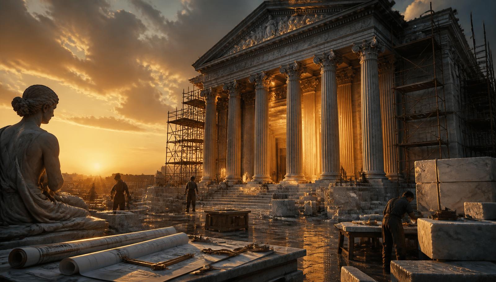Concept still of the Memorivos museum under construction at golden hour