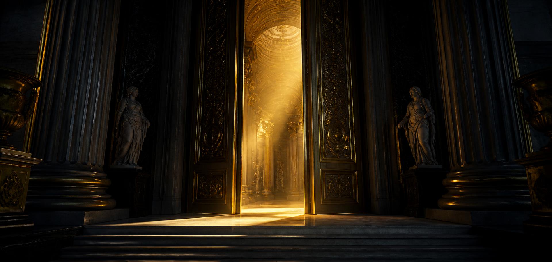 The grand doors of a museum open at night with golden light spilling onto marble steps