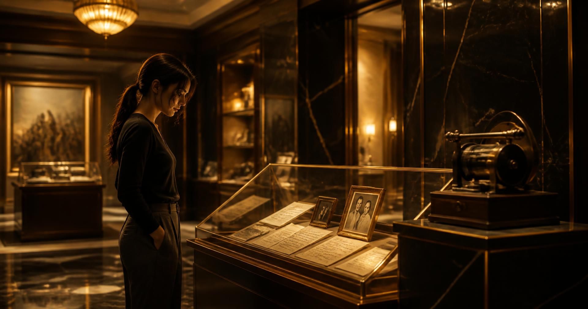 A young woman discovering old photographs, letters and a recording device in a warmly lit museum room