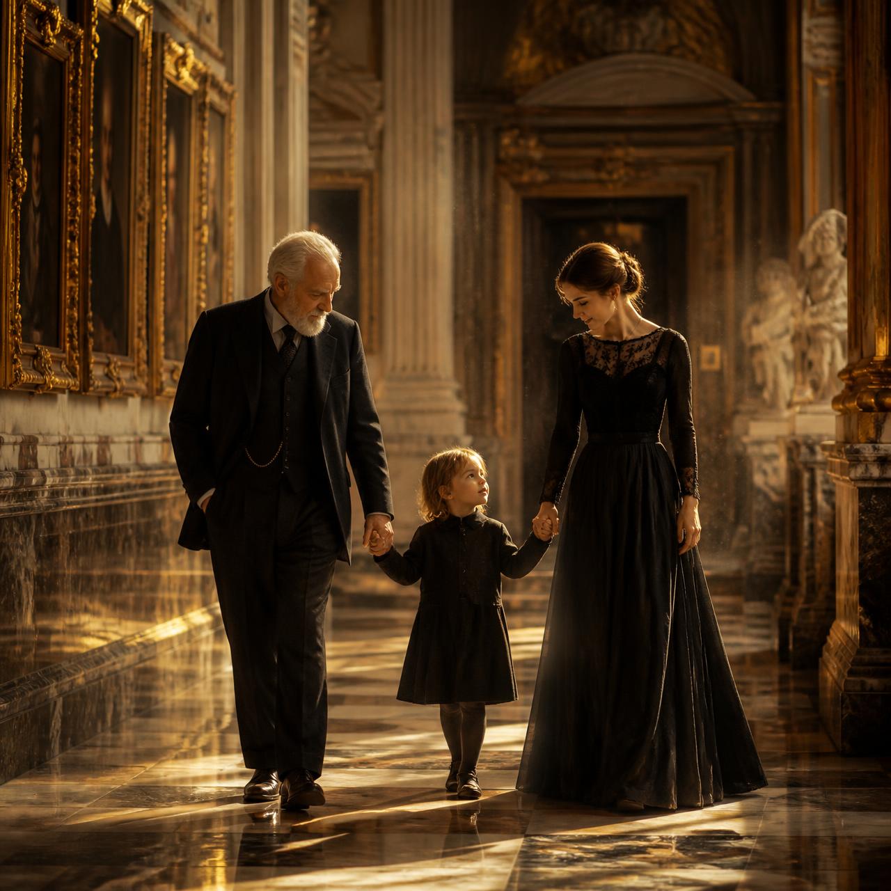 A grandfather, mother and young child walking together through a golden museum gallery
